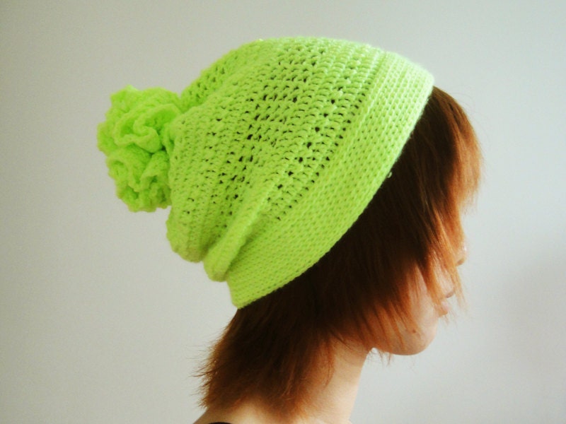 Neon Lime Hat, Crochet Beanie for Women and Men, Pom Pom Hat, Slouchy Beanie, Slouchy Hat, Winter Accessories - lapuzelo