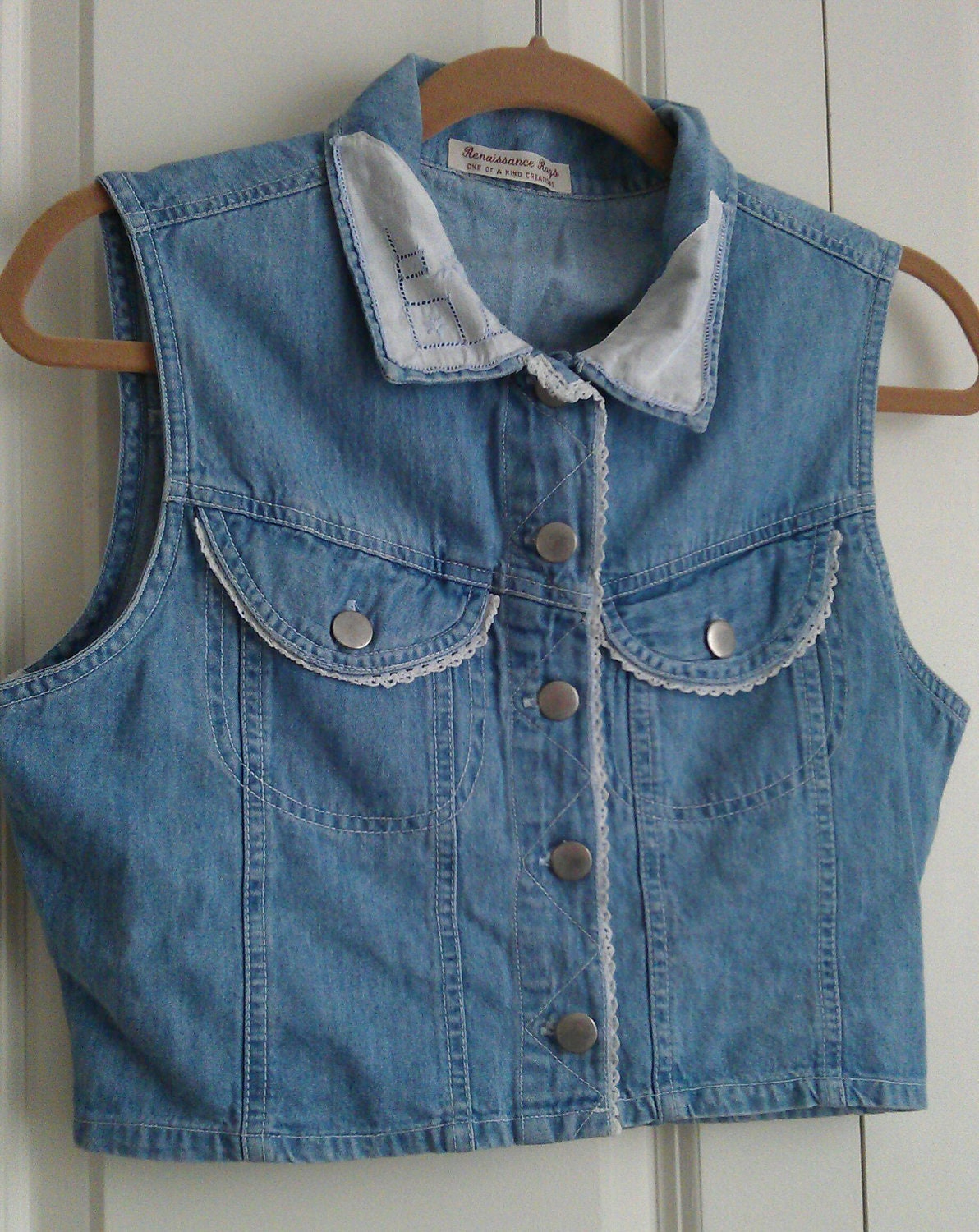 upcycled denim vest w/ vintage handkerchief detail