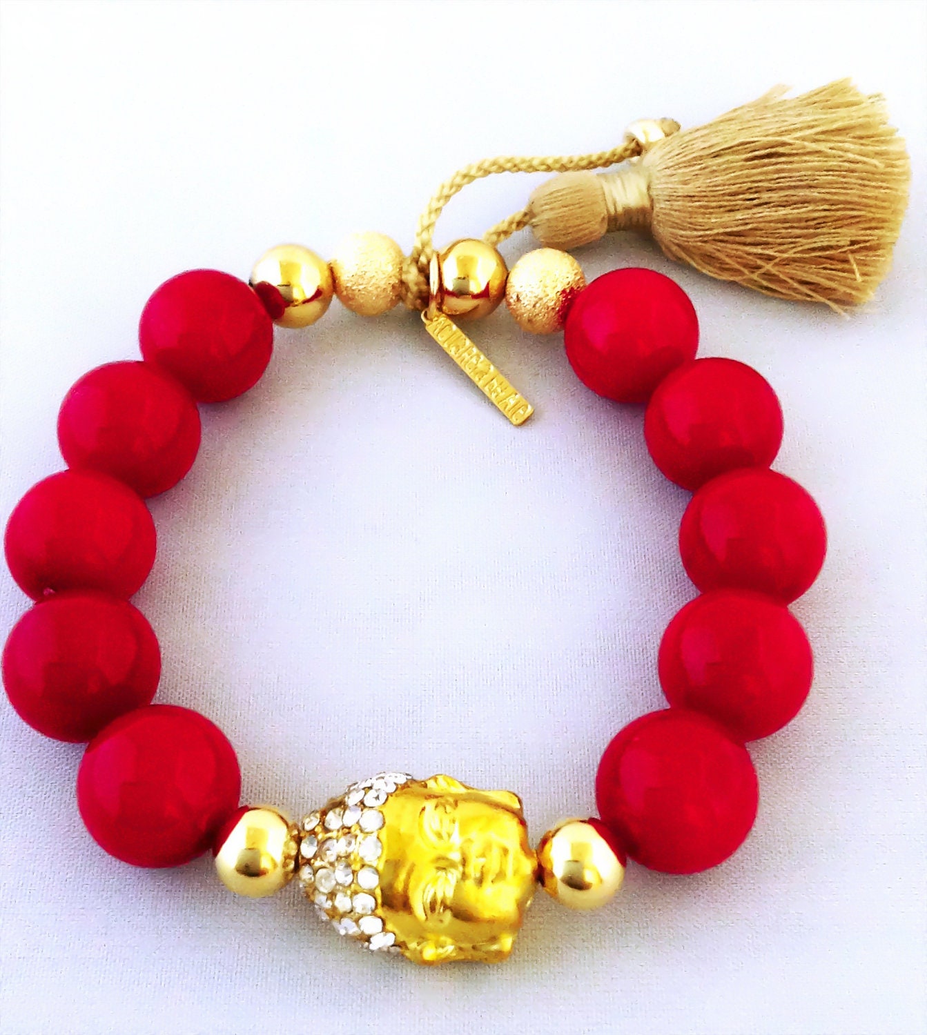 Buddha bracelet. Red bracelet. Red coral bracelet. Gold filled bracelet. Yoga bracelet. Tassel bracelet. Acuarela.