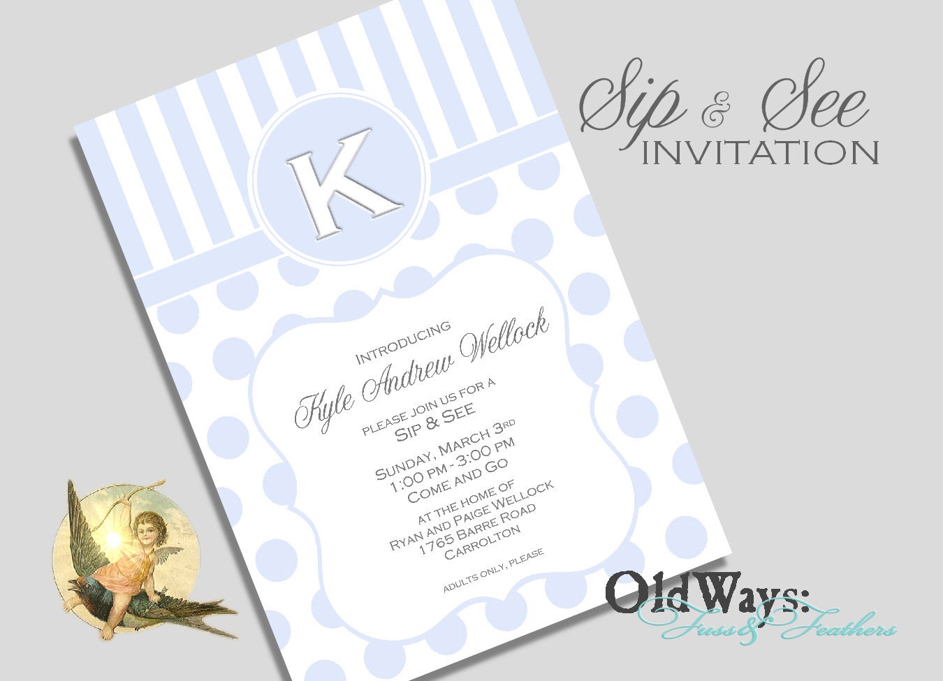 Monogram Sip and See Invitation Boy Baby Shower Blue and White - Printable Custom Invite DIY 5x7 Digital JPEG PDF Files
