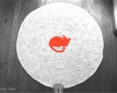 Organic Cotton Crochet Rug Modern White and Orange with Cat Applique 5 Feet Custom Colors and Designs