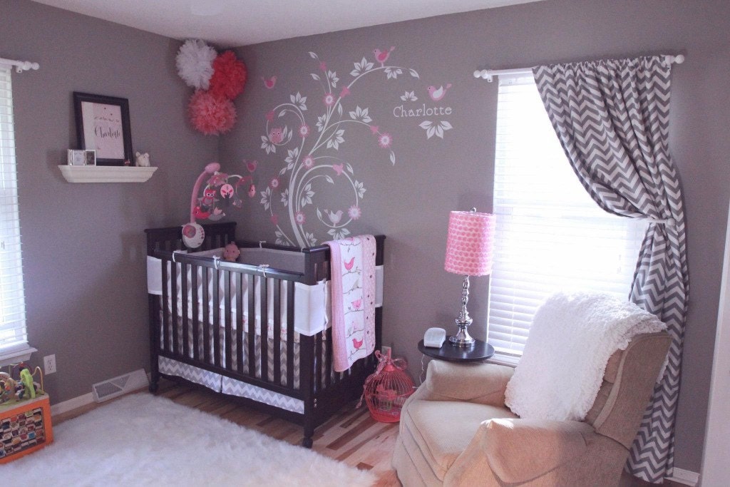 Kids swirl tree with  initial monogram name with owl and birds flowers vinyl wall decal