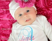Baby Girl Custom Monogrammed Onesie or Gown and Rhinestone Flower Beanie Hat - Newborn thru 12 months