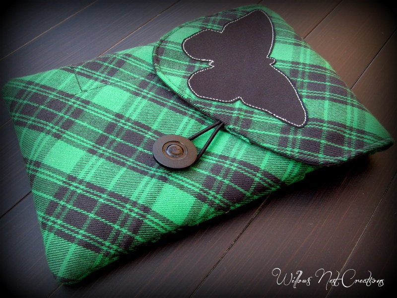 Butterfly eReader Cover Handmade in Kelly Green Plaid