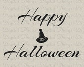 Happy Halloween Witch Hat Art Print Script Digital Download for Iron on Transfer Fabric Pillows Tea Towels DT1174