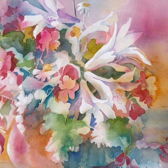 Lavender Pink Rust Gold Watercolor of Garden Flowers Smaii AP Print