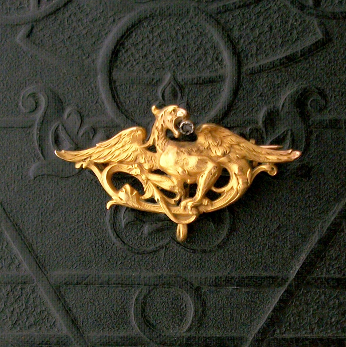 Antique Watch Pin. Victorian Griffin.  French Applied Gold. Mine Cut Diamond.
