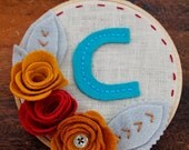 Monogram Initial Embroidery Hoop Art 5-Inch with Felt Flowers and Leaves Peacock, Red, Marigold and Goldenrod Handstitched by Catshy Crafts