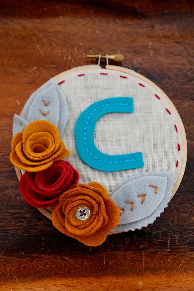 Monogram Initial Embroidery Hoop Art 5-Inch with Felt Flowers and Leaves Peacock, Red, Marigold and Goldenrod Handstitched by Catshy Crafts