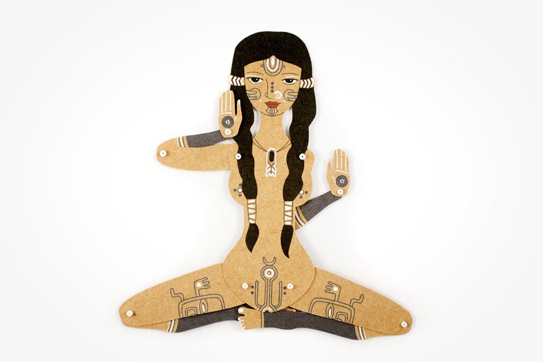 Tattooed Girl - Articulated Paper Doll by Dubrovskaya. Kraft paper, hand painted, MADE TO ORDER.