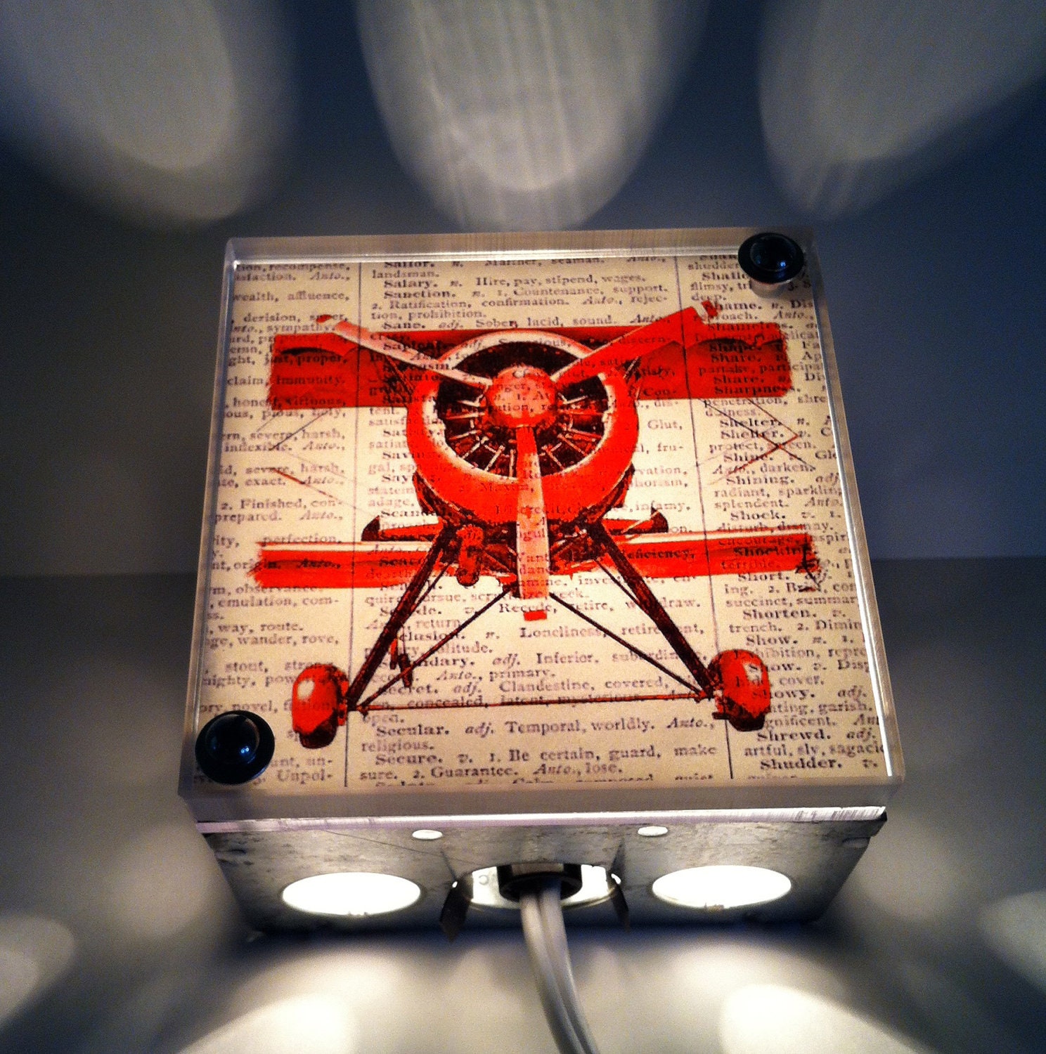Come Fly Away With Me Red Bi-Plane - Repurposed Vintage Dictionary Print Design Night Light