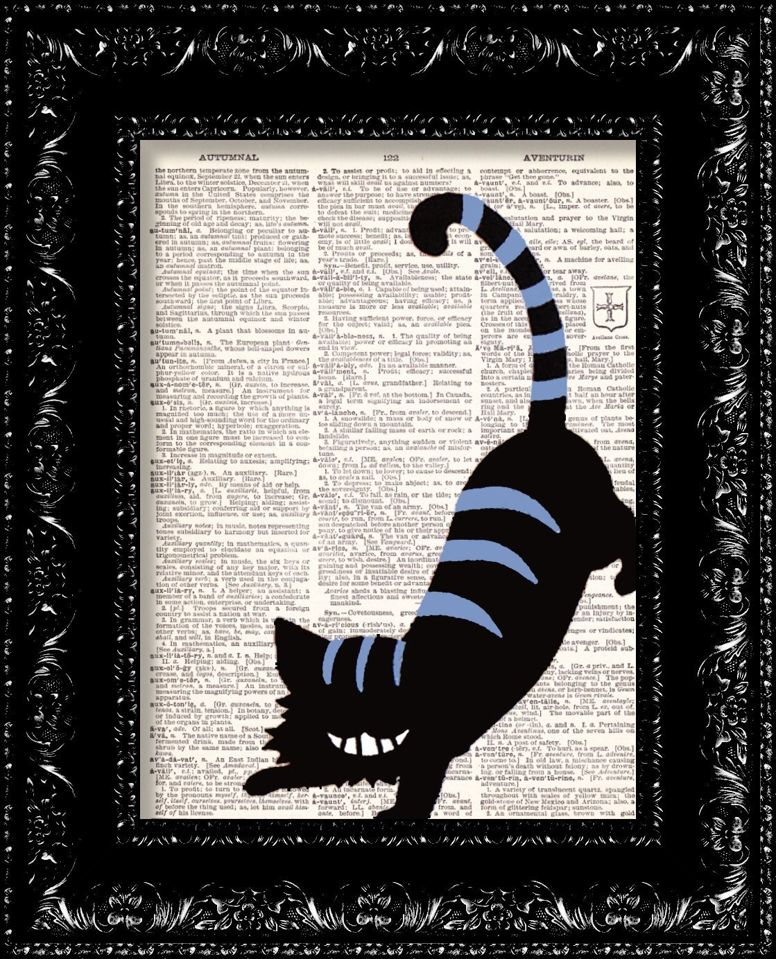Alice Silhouette Cheshire Cat - - Vintage Dictionary Print Vintage Book Print Page Art Upcycled Vintage Book Art
