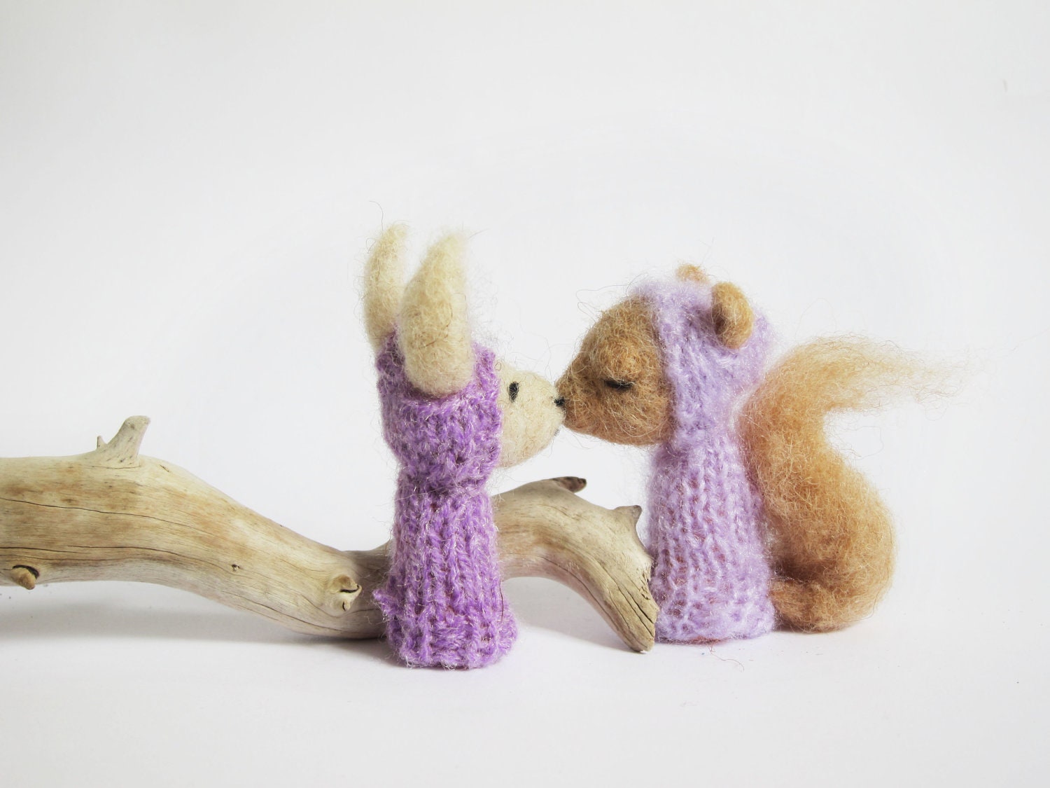 FINGER PUPPET BOX Needle Felted Lilac Squirrel and Bunny in a Vintage Shadow Box, Children, Eco Friendly Toy, Wall Hanging Nursery Art