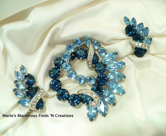 Vintage Eisenberg Rhinestone Brooch/Pin Earrings-Royal Blue