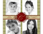 Four Photo Square Christmas Card Monogram Initial Classic Green Red Plaid Holiday Greeting Card 5x5 DIY Digital or Printed - Caldwell style