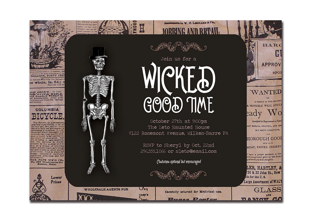 Vintage Halloween Invitation Adult Party Invitation Retro Skeleton Wicked Good Time Newspaper DIY Digital or Printed- Leto Style