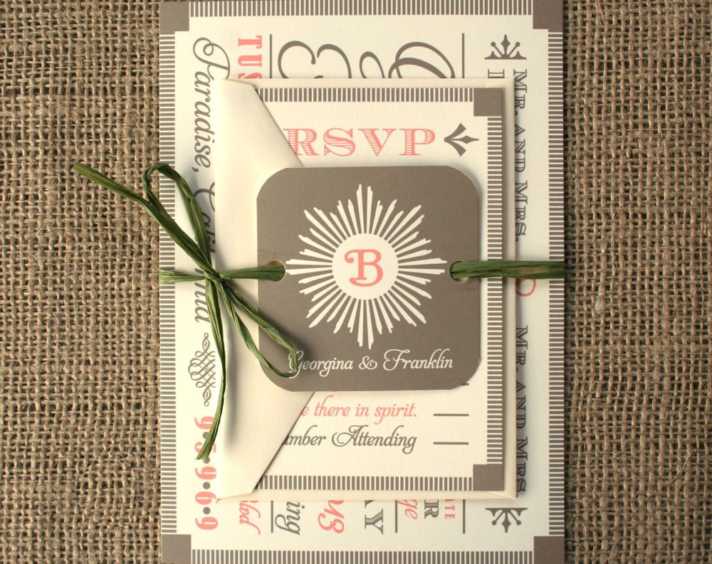 Modern Vintage Wood Block Fonts Wedding Invitation, with Monogram Tag