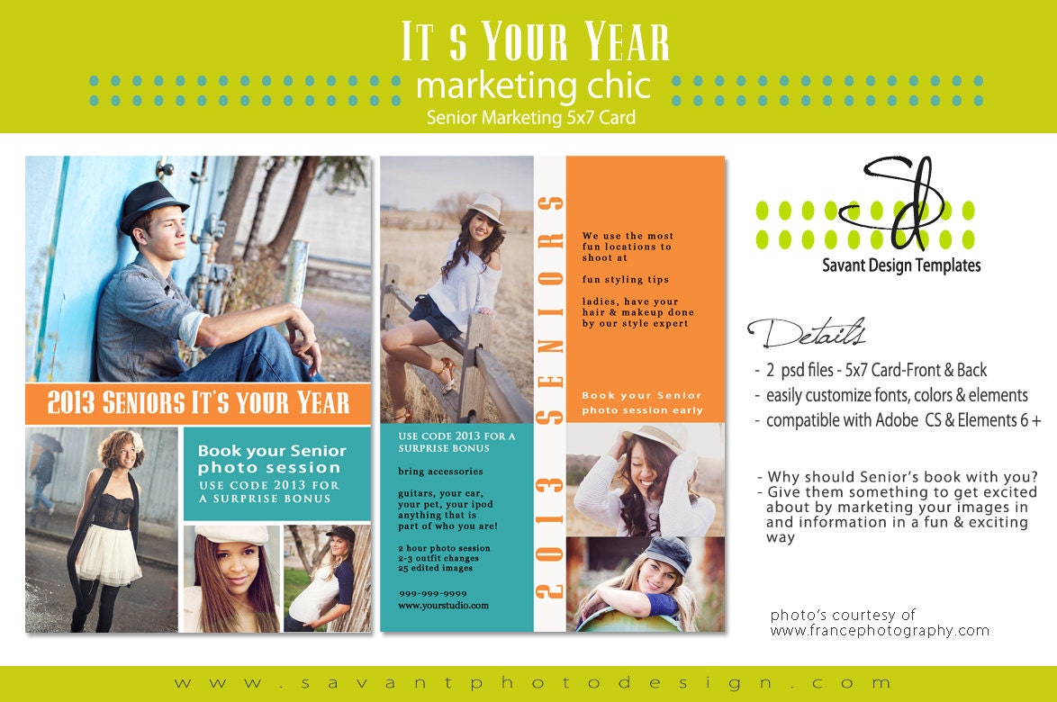 INSTANT DOWNLOAD   Photography Senior Session Marketing 5x7 Card Template -  "It's Your Year"