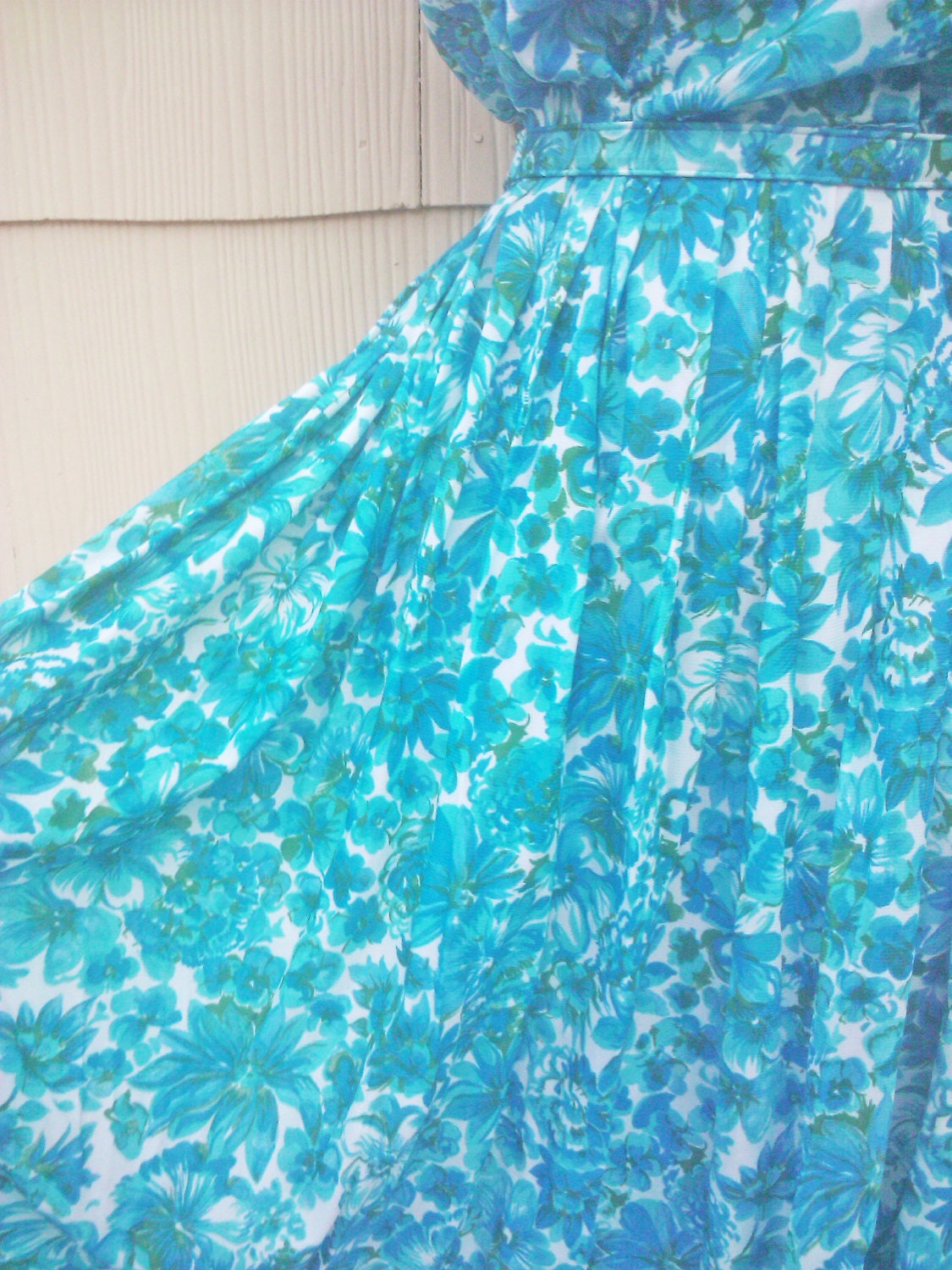 Vintage 1950s Blue Floral Dress/ Rhinestones/ Rockabilly/ VLV/ Large