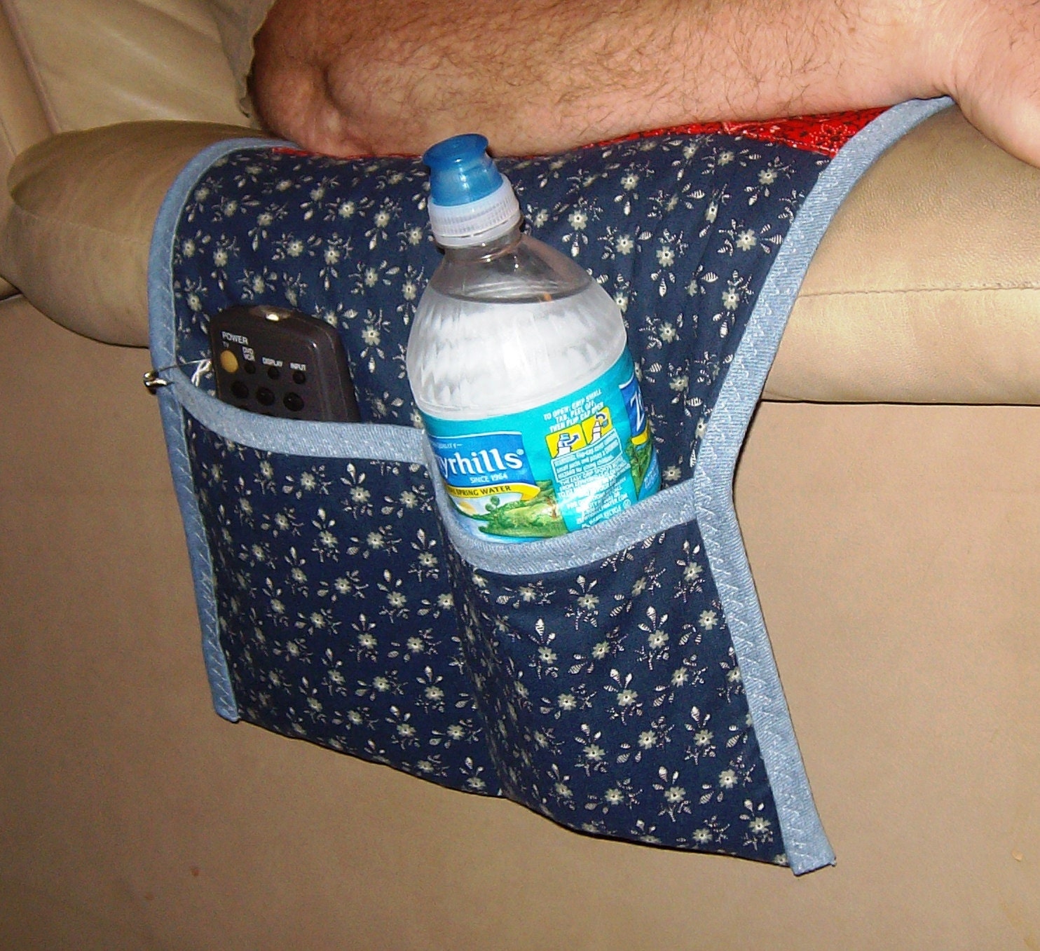 Chair Caddy in a Blue Floral print with a Red Bandana Arm rest