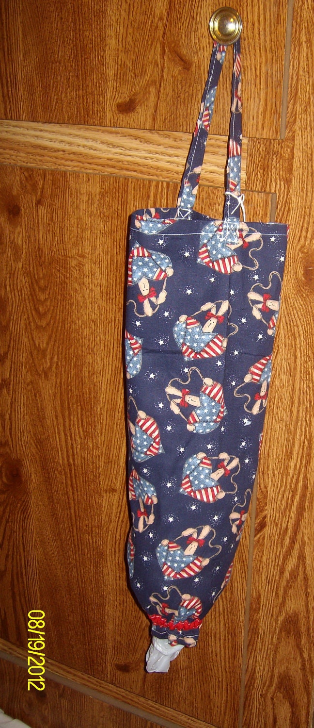 Patriotic Plastic Bag Holder Dispenser with bunny, hearts and stars on a navy background