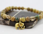 Elephant Bracelet, Green, Gemstone, Gold