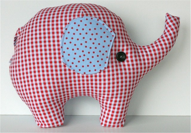 Lucky Elephant Pillow Blue & Red Polka Dots Gingham