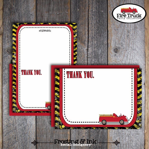 Fire Truck Thank You Notes - Fireman Thank You Cards - Fireman Birthday Party -  Customized Printable (Firefighter, Fire Engine)