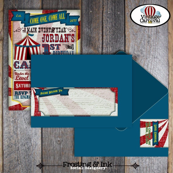 Carnival Party - Circus Party - Invitation & Wrap Around Address Labels - Customized Printable (Vintage, Big Top, Circus Poster, Birthday)
