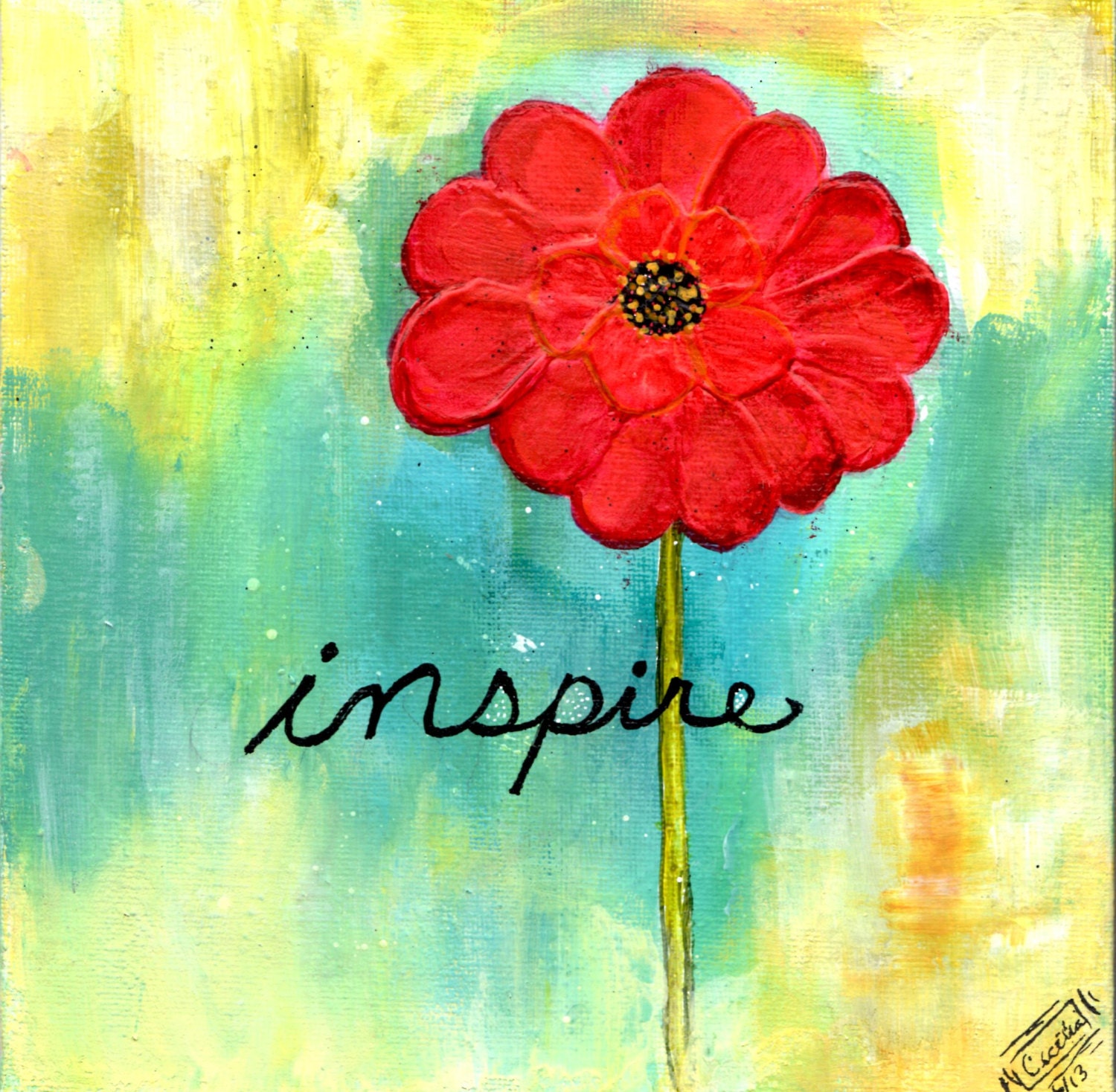 Acrylic Original Art Print 5"X7"  in Turquoise yellow  gold  Green