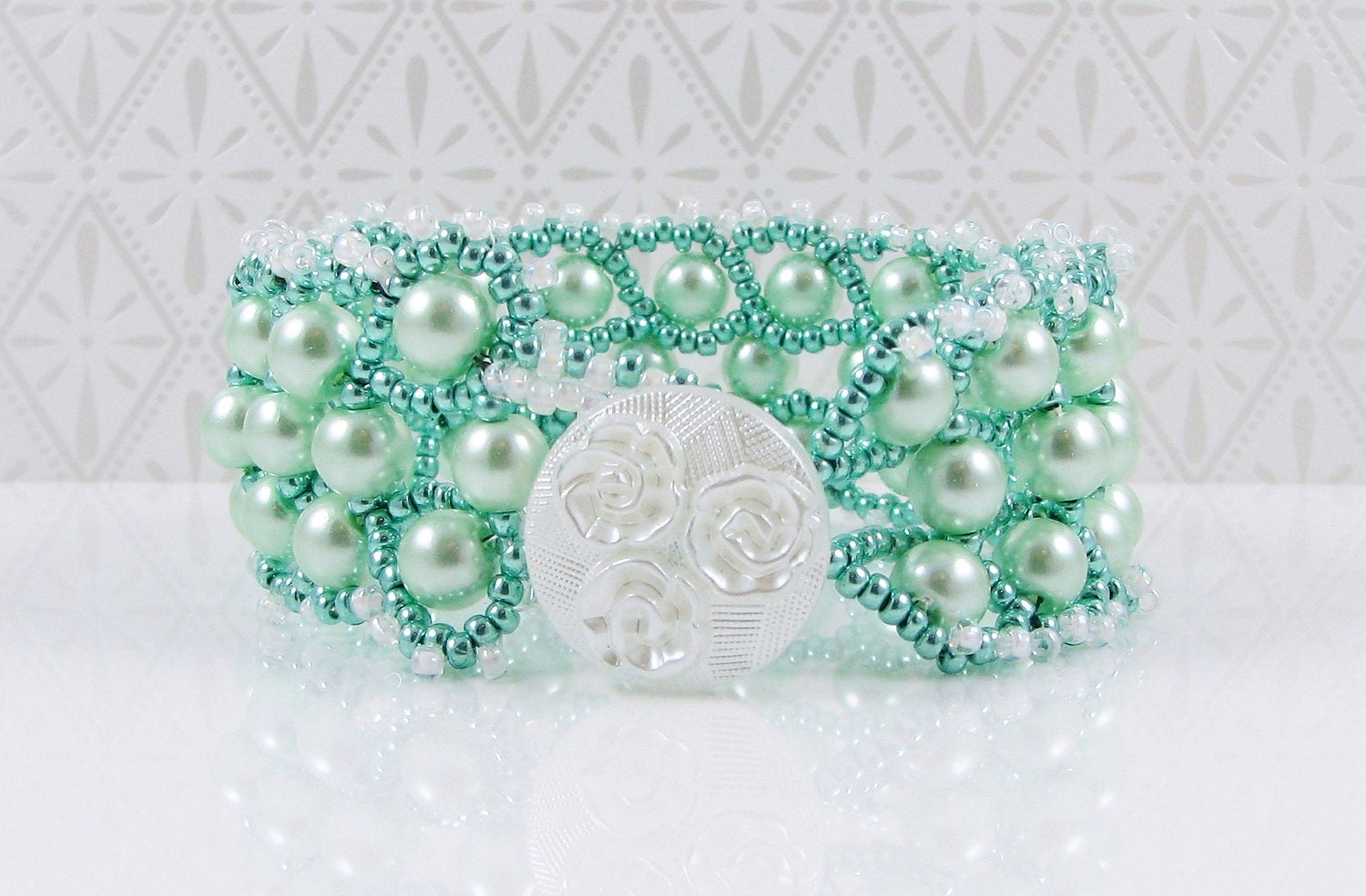 ON SALE 30% OFF & Free Shipping // Beaded Beadwoven Eyelet Wide Cuff // Green Mint White // Glass Pearl Seed Beads // Vintage Button - SidoniaJewelry