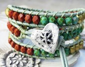 Beaded Leather Wrap Bracelet - bohemian leather wrap - Mint Orange Gold - shabby chic cottage chic - Mothers Day Gift