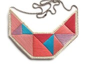 Colorblock bib necklace in bright pinks lavender and blue embroidered triangles geometric design