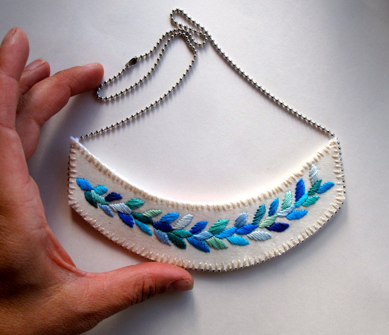 Embroidered jewelry blue necklace laurel leaf design with silver ball chain Spring fashion