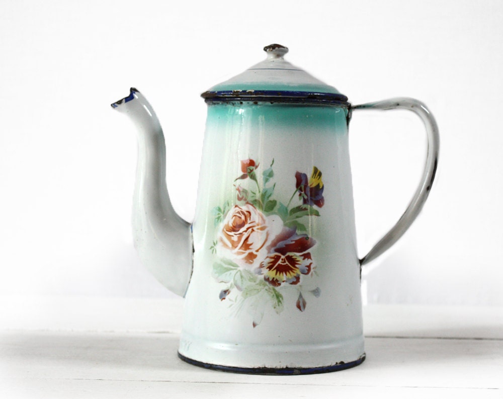 Beautiful FRENCH Enamel Coffee POT with flowers motif