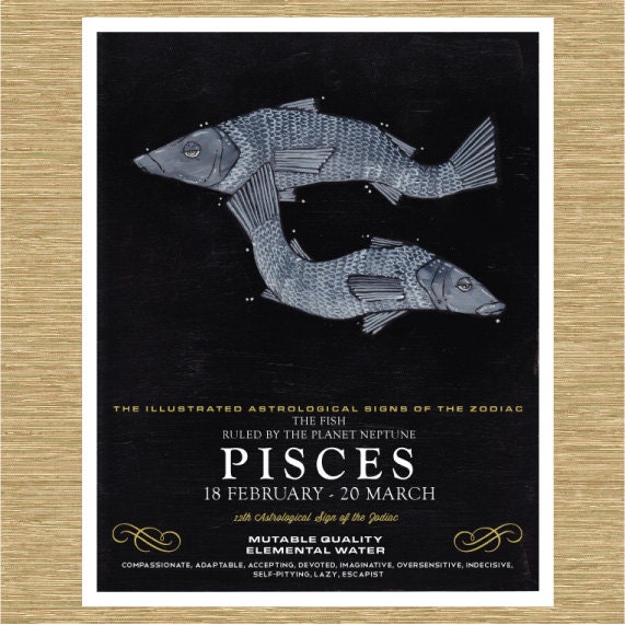 Illustrated Zodiac Pisces the Fish 8" x 10"