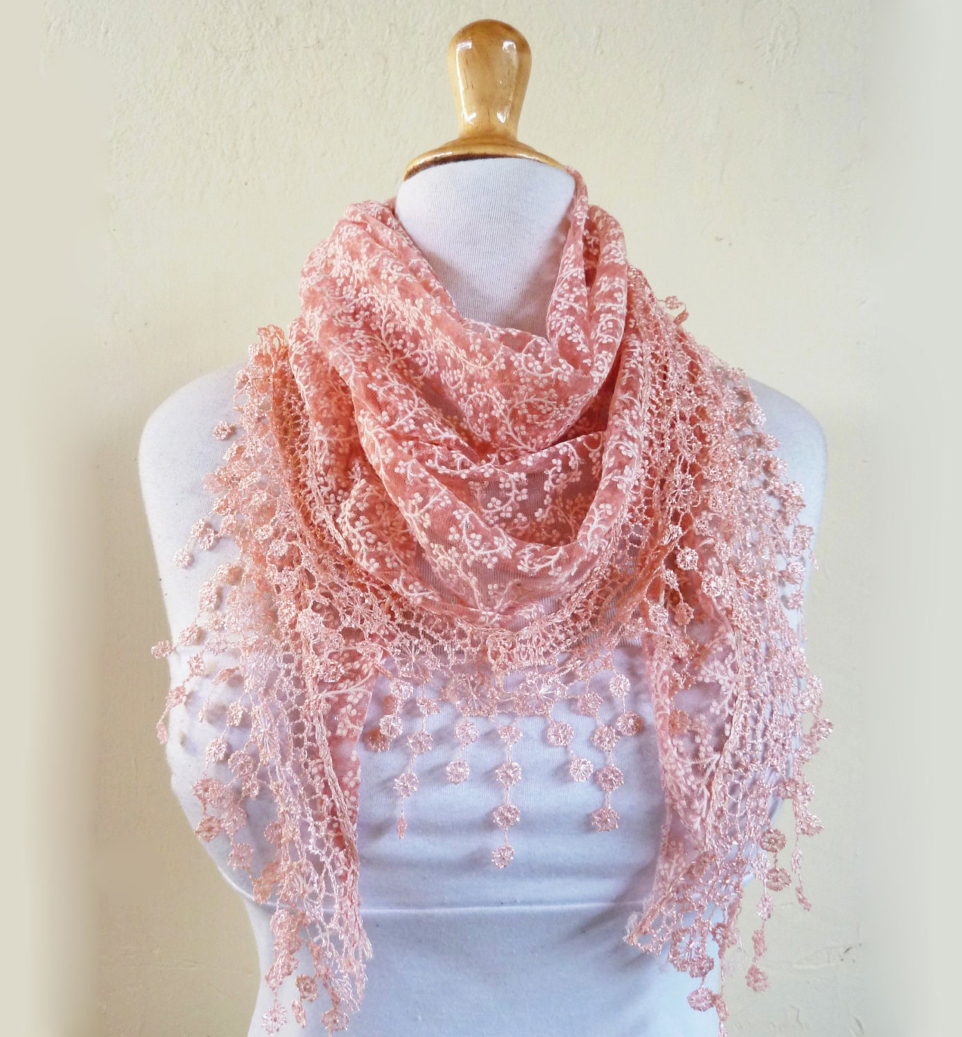 Scarf "Lilith" in PEACH with floral pattern and rich lace edge - scarflette shawl neckwarmer - Spring / Summer