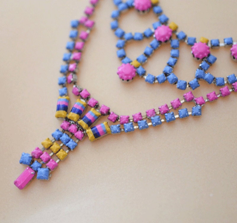 hand painted rhinestone necklace bib Vintage Stripey II pink blue yellow