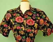 Vintage Floral Shirt Waist Dress with Circle Skirt by R K Originals - Rockabilly 80s Does 50s Retro - Front Pockets Detailed with Sequin
