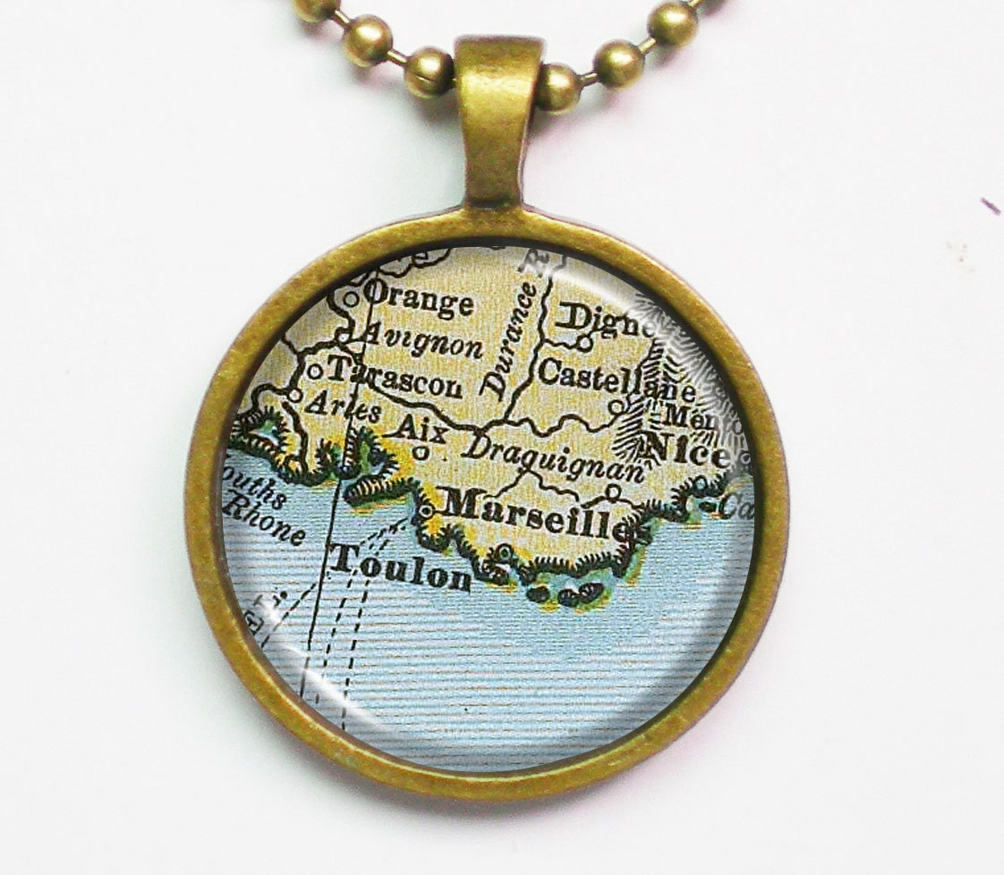 France Map Necklace -Marseille & Toulon, France- Vintage Map Series