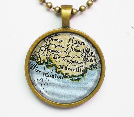 France Map Necklace -Marseille & Toulon, France- Vintage Map Series