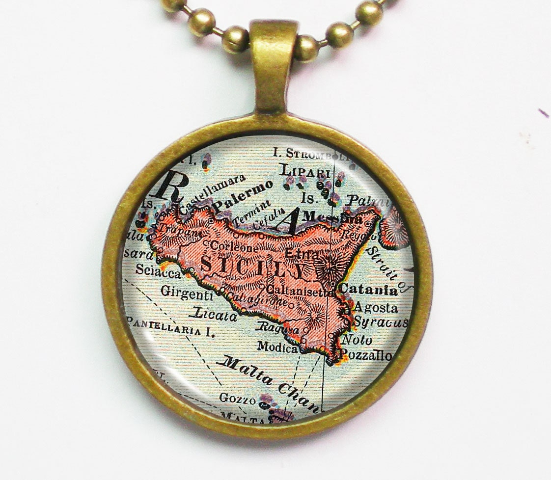 Custom Map Necklace -Sicily Island, Italy -Vintage Map Series