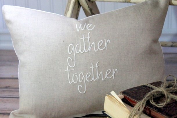 Decorative Pillow Cover "we gather together" flax linen and matelasse 12 x 16