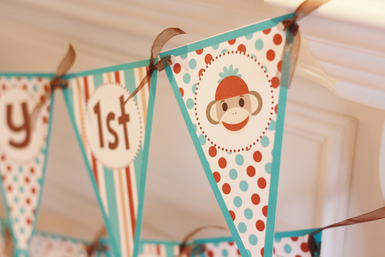 Happy Birthday Pennant Red Turquoise Brown Sock Monkey Theme Banner With Age - Ask About Our Party Pack Specials - Free Ship Over 60.00