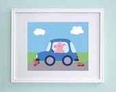 Transportation Kids Bedroom Artwork - Pig in Car Children's Art (8x10)