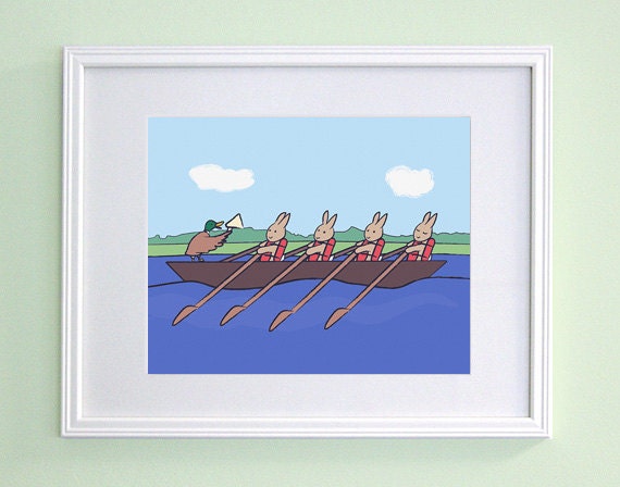 Bunny Wall Art - Rowing Rabbit Children's Bedroom Decor - Sports Nursery (8x10 Print)