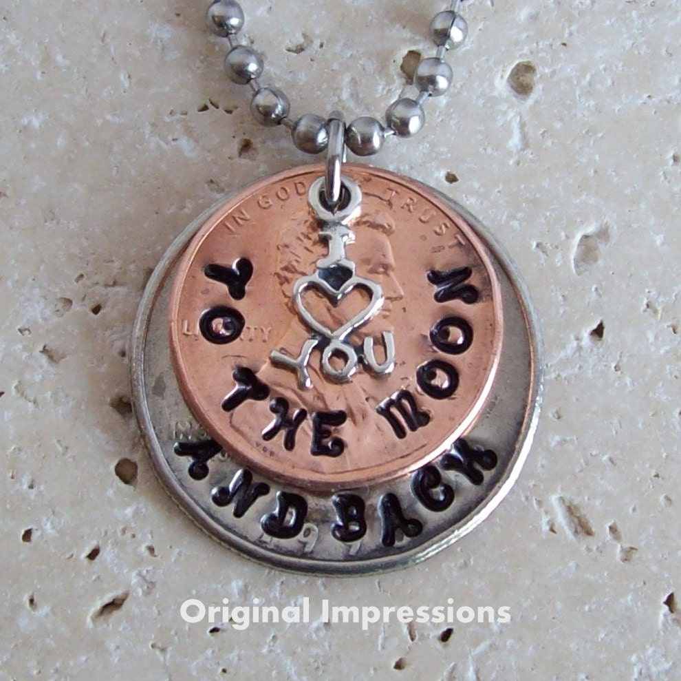 i love you to the moon and back coin jewelry pendant necklace of genuine U.S. coins with a sterling silver charm on a stainless steel chain.