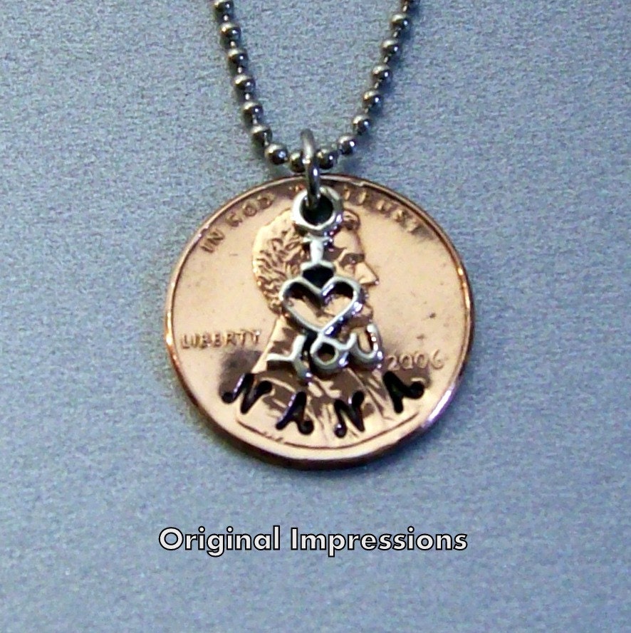 i love you nana - penny coin jewelry pendant necklace made of a genuine U.S. coin with a sterling silver charm on a stainless steel chain.