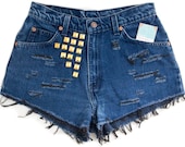 Studded Shorts Vintage Distressed High Waisted Blue Denim Hipster Boho Hippie Upcycled Levi Gold Frayed Small Medium W28