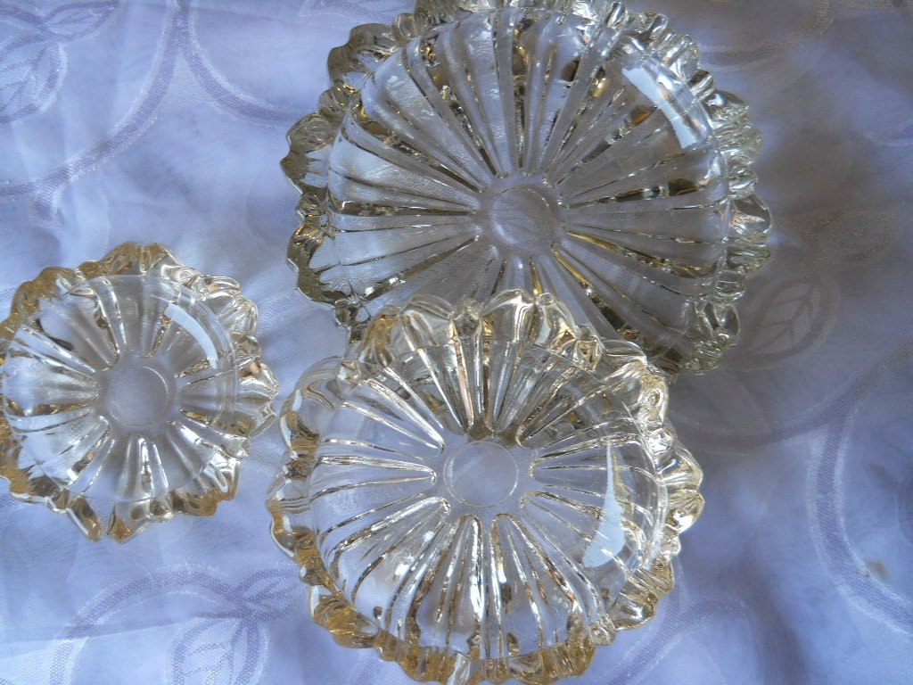 Flower Glass Ashtray set Candy Dish 1960s stack able vintage collectible crystal jewelry bowl